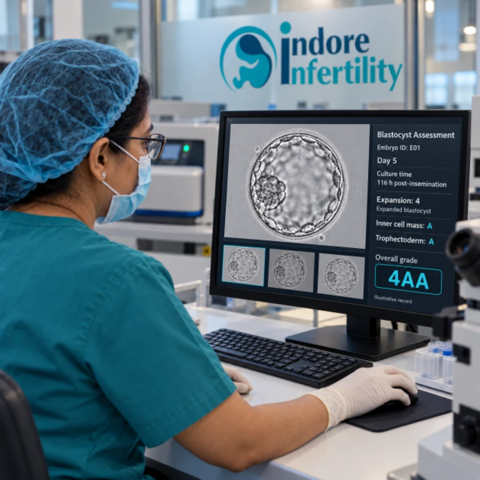 Embryologist reviewing a blastocyst assessment on screen