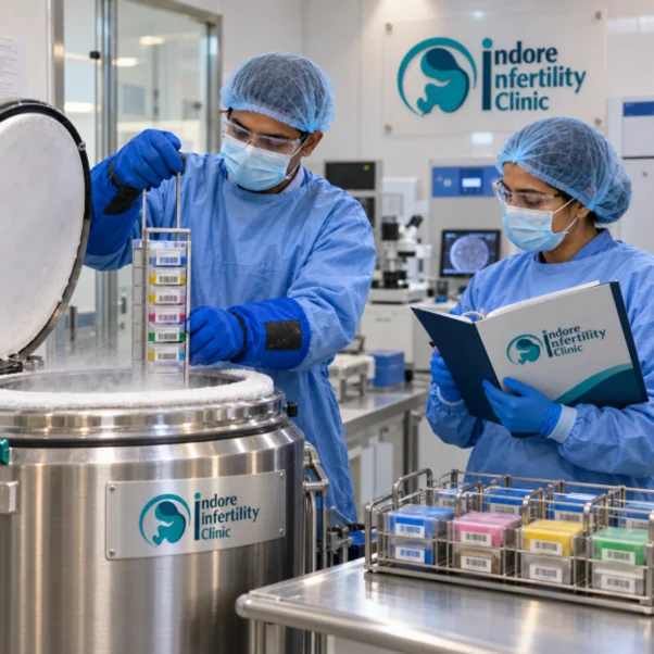 Embryologist assessing embryo development under a microscope
