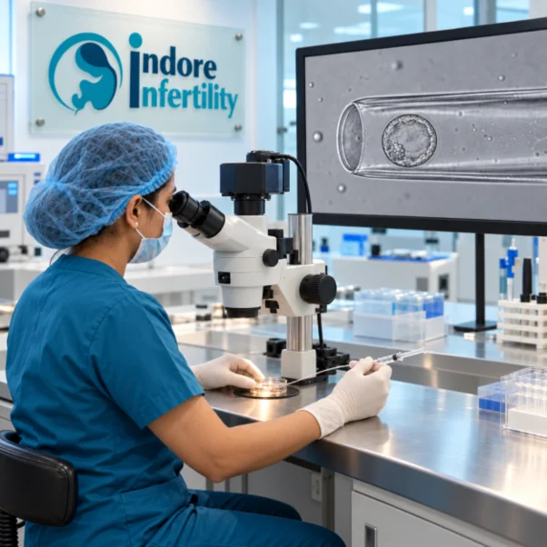 Embryologist preparing a warmed embryo for transfer
