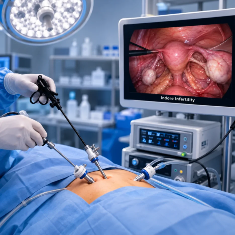 Medical illustration showing a hysteroscopy procedure