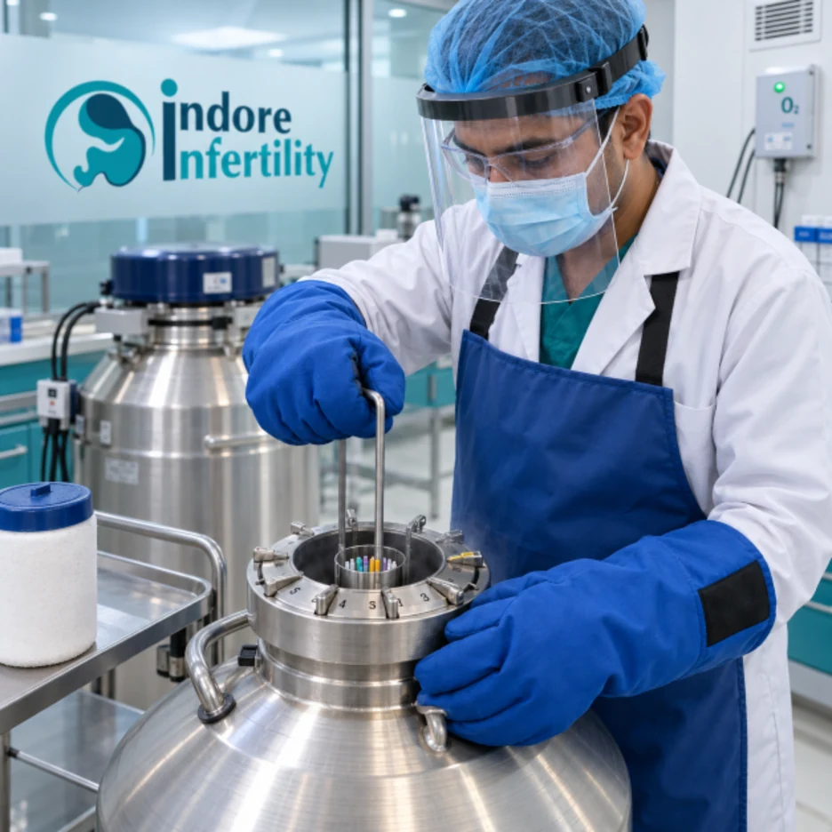 Technician placing samples into a liquid nitrogen storage tank