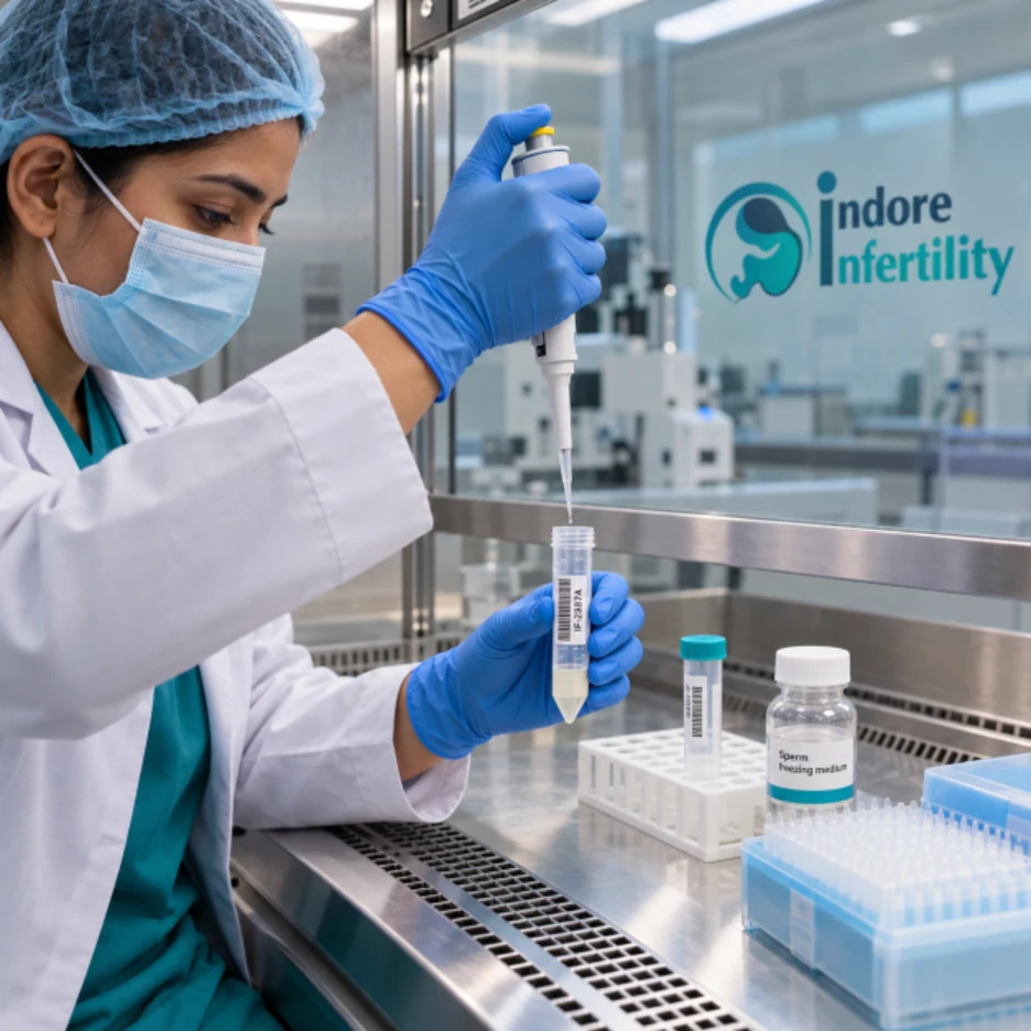 Embryologist adding sperm freezing medium to a sample tube