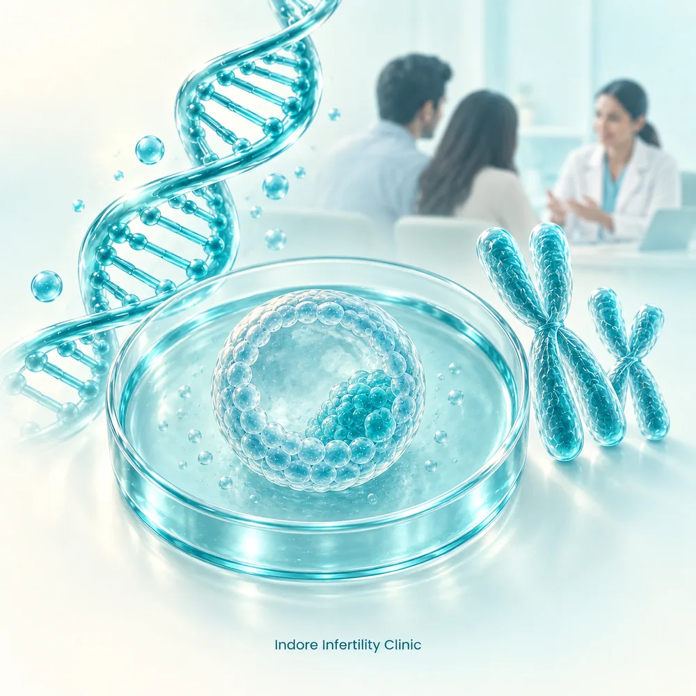 Pre-Implantation Genetic Testing PGT with embryo and genetic testing illustration